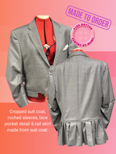 Load image into Gallery viewer, Made To Order Custom Suit Coat Upcycle with Tiny Skirt Bustle