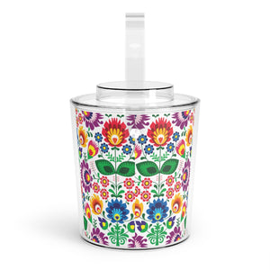 Colorful Folk Ice Bucket with Tongs